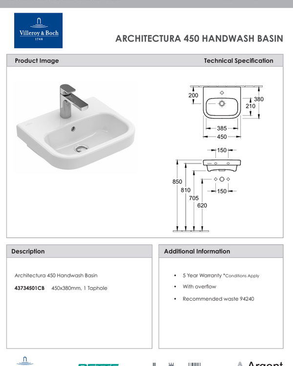 Architectura 450 Wall Basin 1 Tap Hole