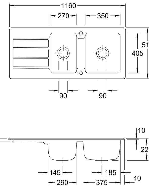 Architectura 1160 Drainer Sink No Tap Hole Stone White CeramicPlus