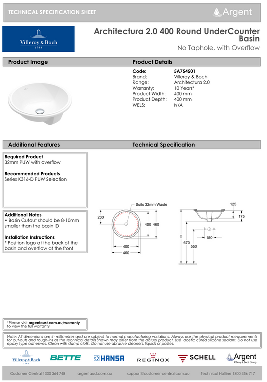 Architectura 2.0 400 Round UnderCounter Basin | No Tap Hole with Overflow