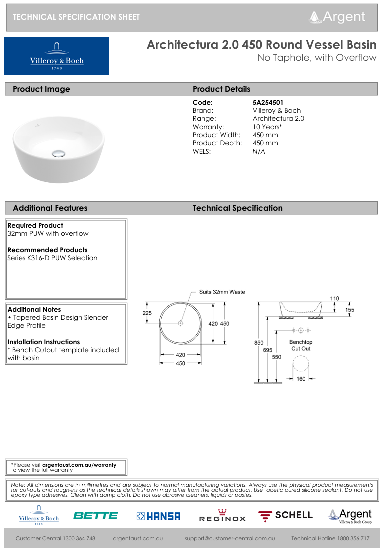 Architectura 2.0 450 Round Vessel Basin | No Tap Hole with Overflow