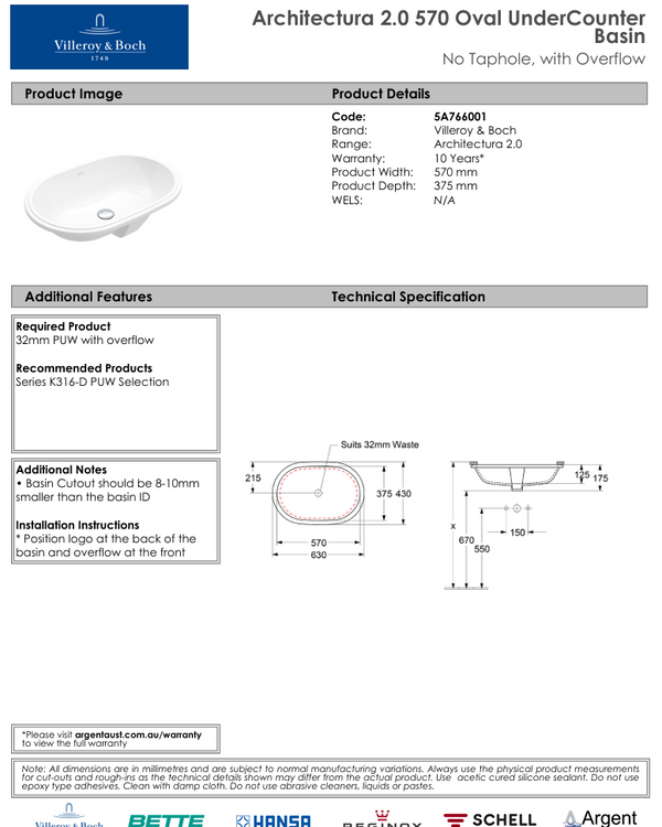 Architectura 2.0 570 Oval UnderCounter Basin | No Tap Hole with Overflow