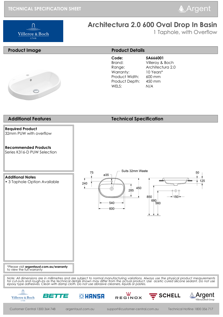 Architectura 2.0 600 Oval Drop In Basin | One Tap Hole with Overflow