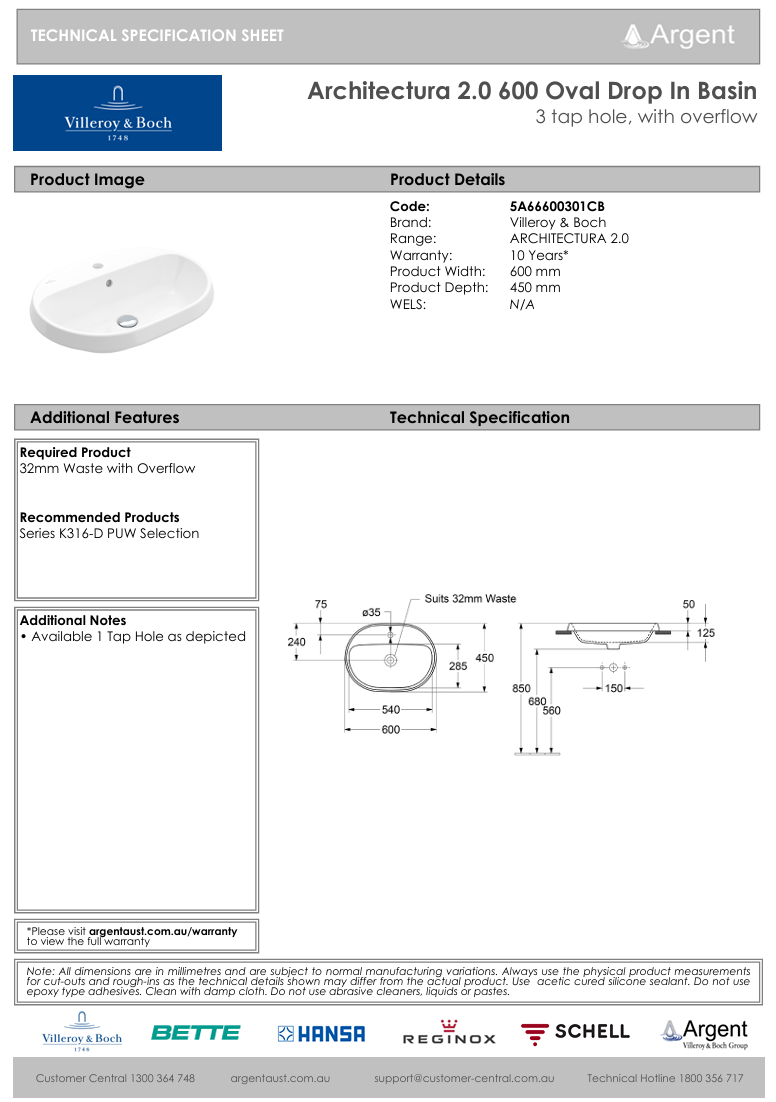 Architectura 2.0 600 Oval Drop In Basin | Three Tap Hole with Overflow