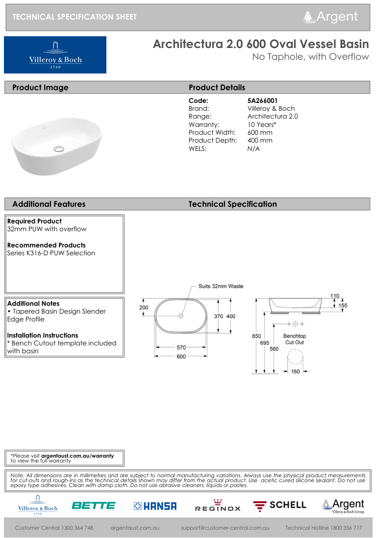 Architectura 2.0 600 Oval Vessel Basin | No Tap Hole with Overflow