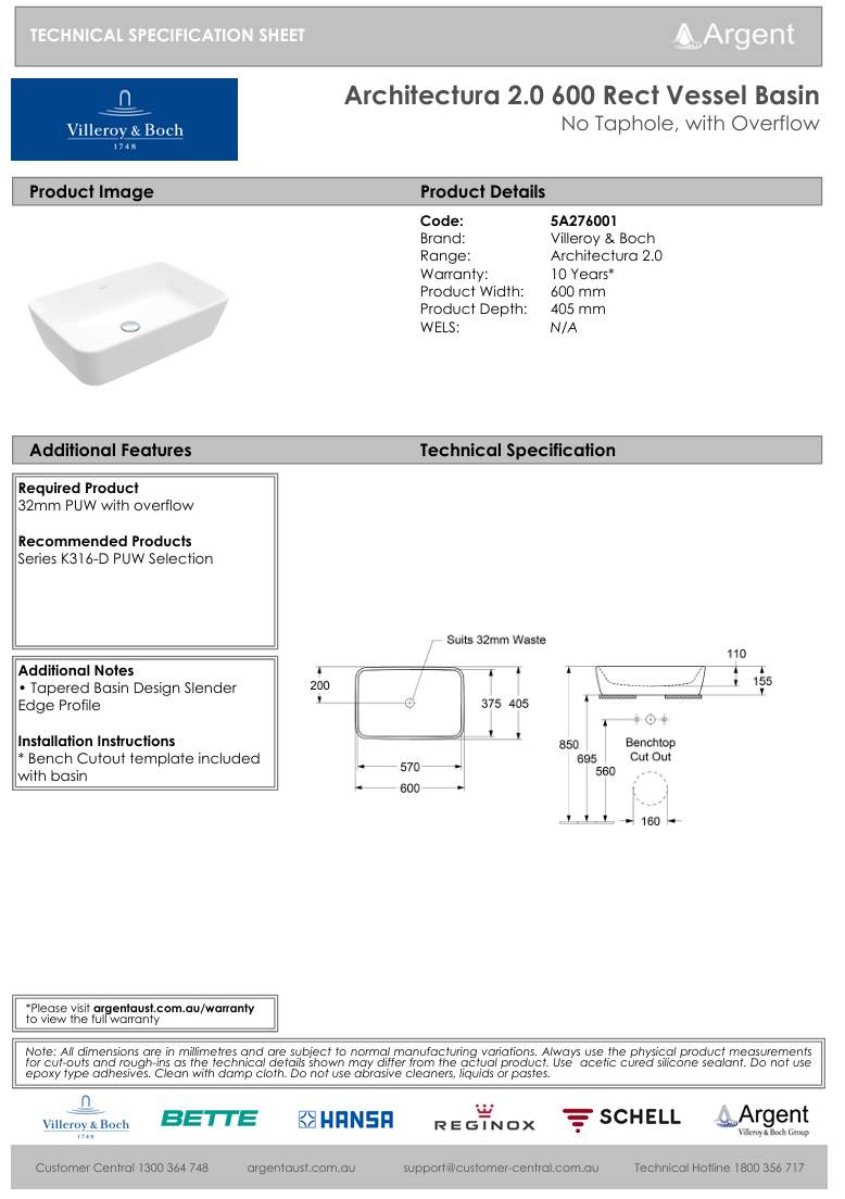 Architectura 2.0 600 Rect Vessel Basin | No Tap Hole with Overflow