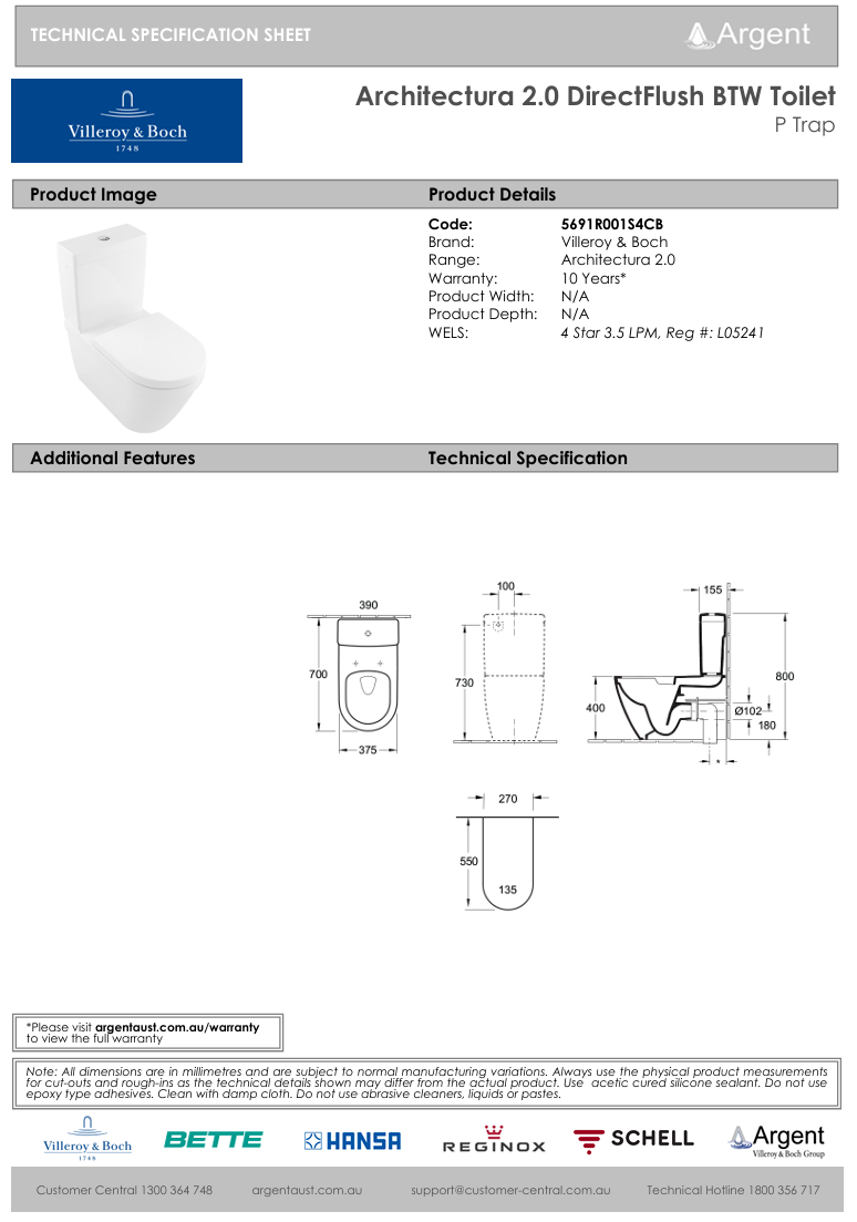 Architectura 2.0 DirectFlush BTW Toilet P Trap