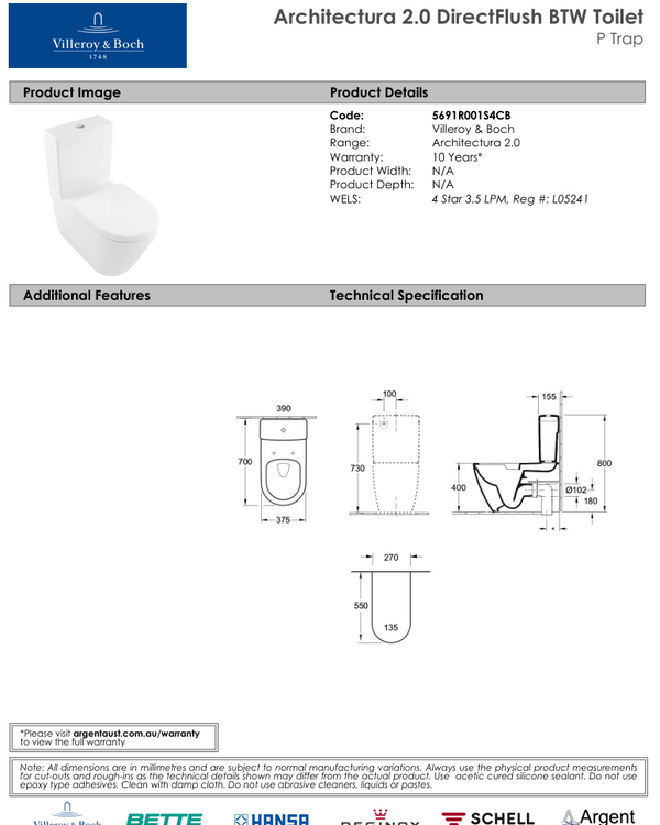 Architectura 2.0 DirectFlush BTW Toilet P Trap | CeramicPlus