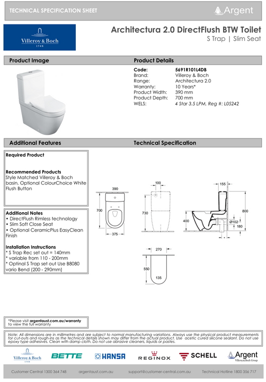 Architectura 2.0 DirectFlush BTW Toilet P Trap | Slim Seat