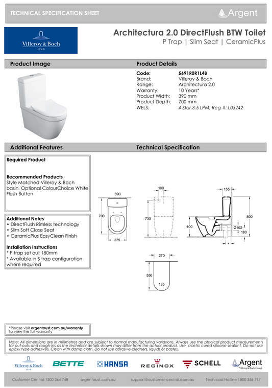 Architectura 2.0 DirectFlush BTW Toilet P Trap | Slim Seat | CeramicPlus