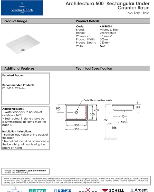 Architectura 500 Rectangular Under Counter Basin No Tap Hole