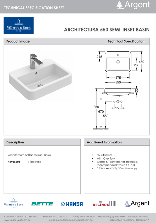 Architectura 550 Semi Inset Basin 1 Tap Hole