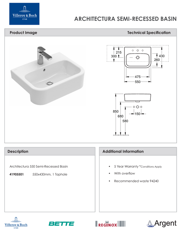 Architectura 550 Semi Recessed Basin 1 Tap Hole