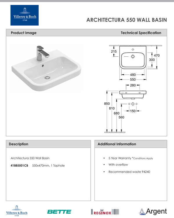 Architectura 550 Wall Basin 1 Tap Hole