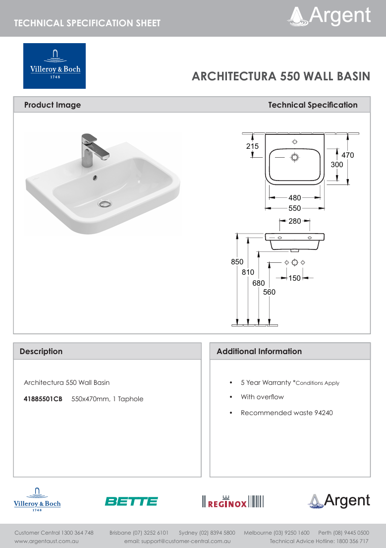Architectura 550 Wall Basin 1 Tap Hole
