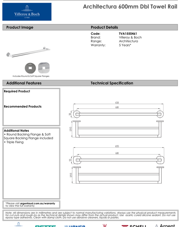 Architectura 600mm Double Towel Rail Chrome