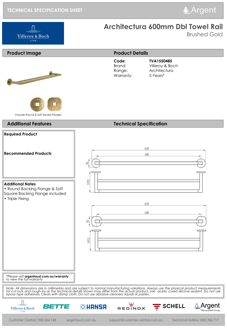 Architectura 600mm Double Towel Rail Brushed Gold