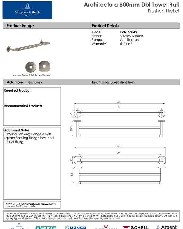 Architectura 600mm Double Towel Rail Brushed Nickel