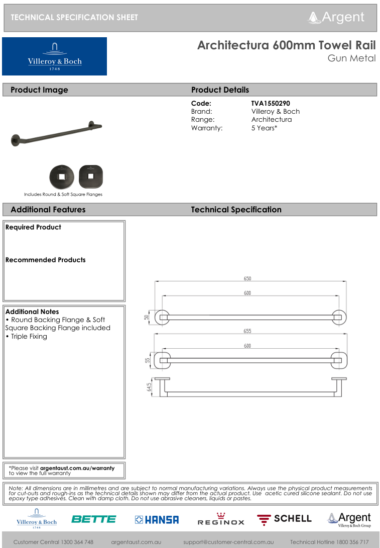 Architectura 600mm Towel Rail Gun Metal
