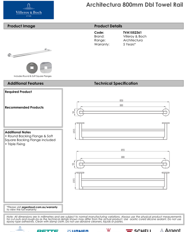 Architectura 800mm Double Towel Rail Chrome