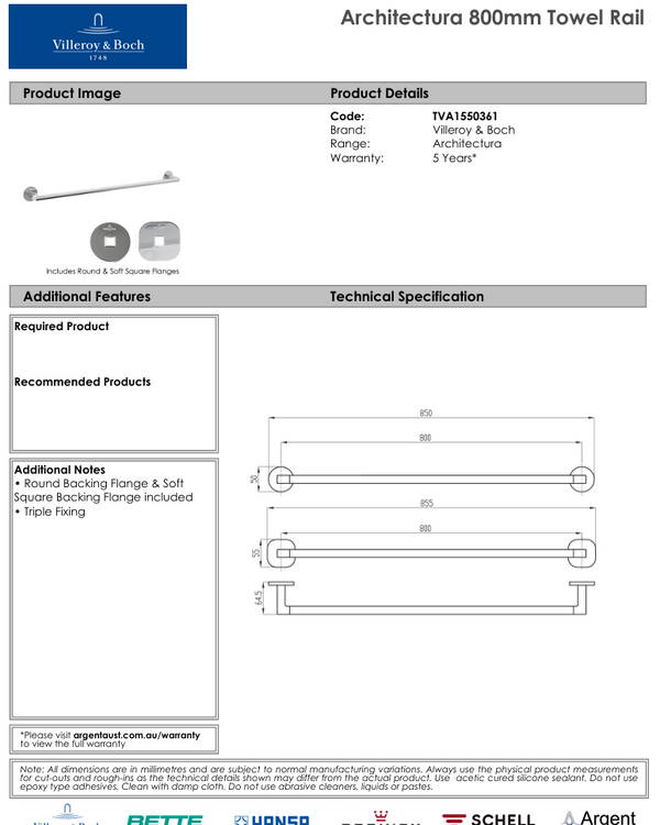 Architectura 800mm Towel Rail Chrome