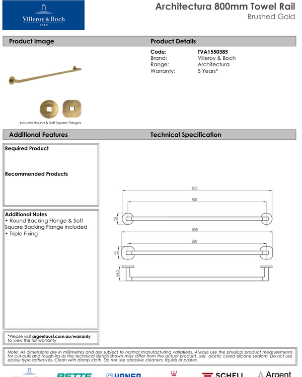 Architectura 800mm Towel Rail Brushed Gold