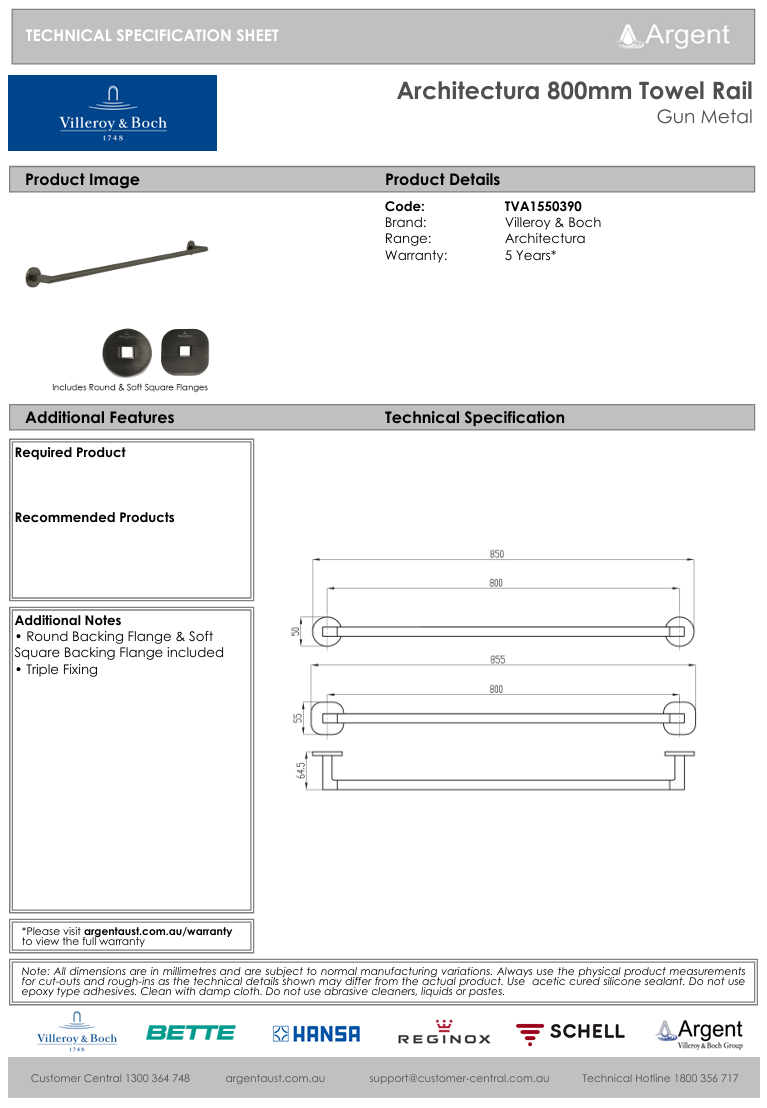Architectura 800mm Towel Rail Gun Metal