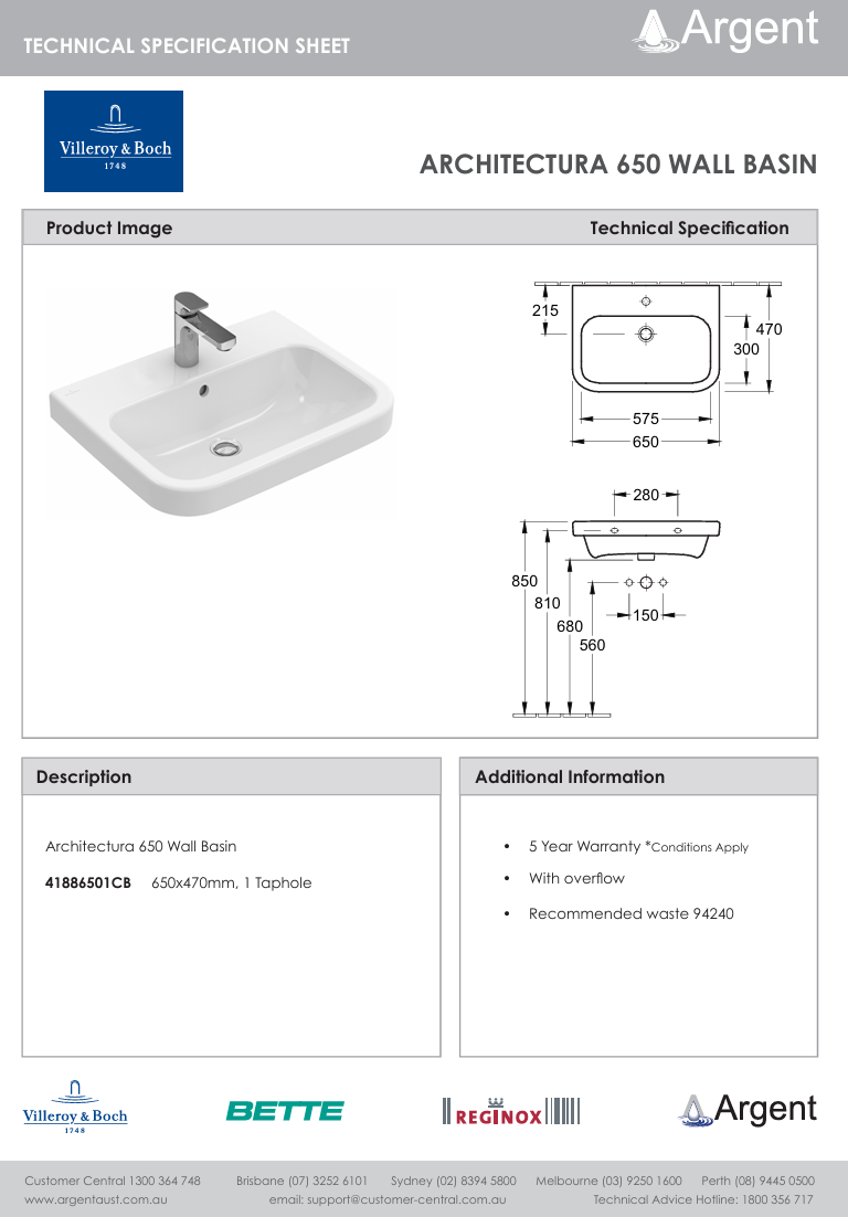 Architectura 650 Wall Basin 1 Tap Hole