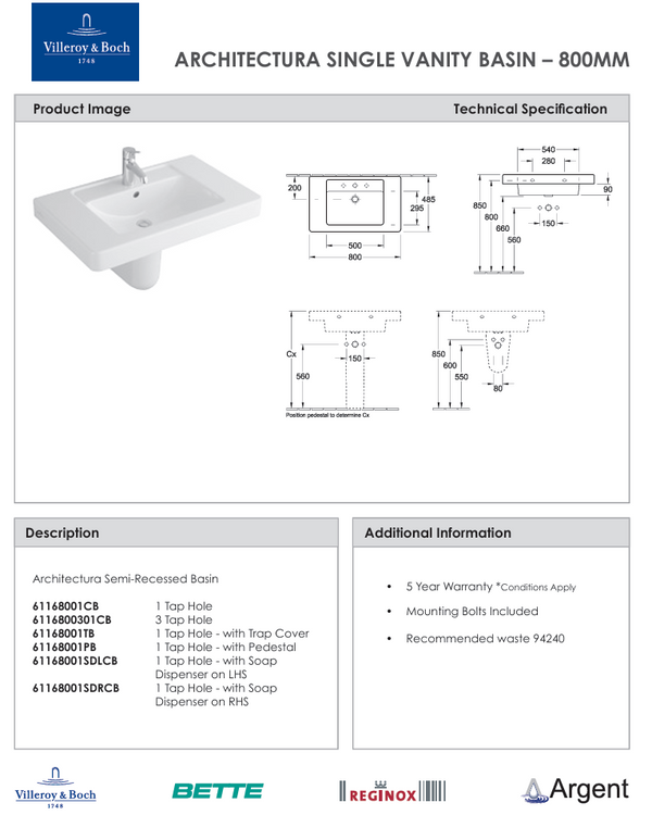 Architectura 800 Wall Basin 1 Tap Hole