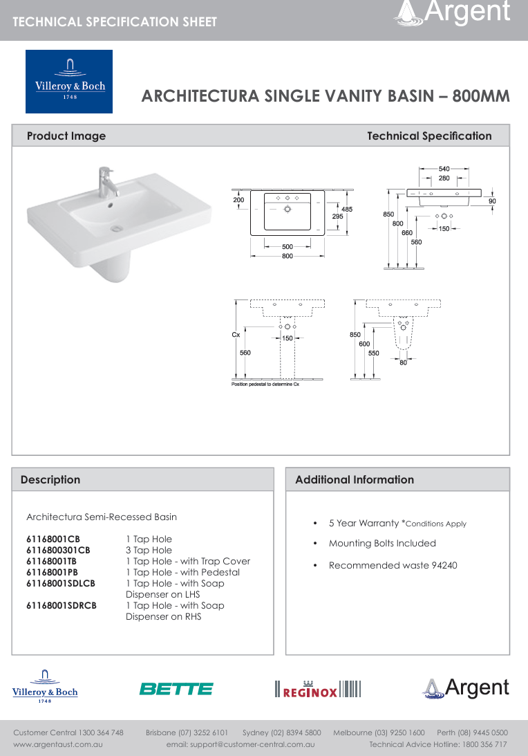Architectura 800 Wall Basin 1 Tap Hole