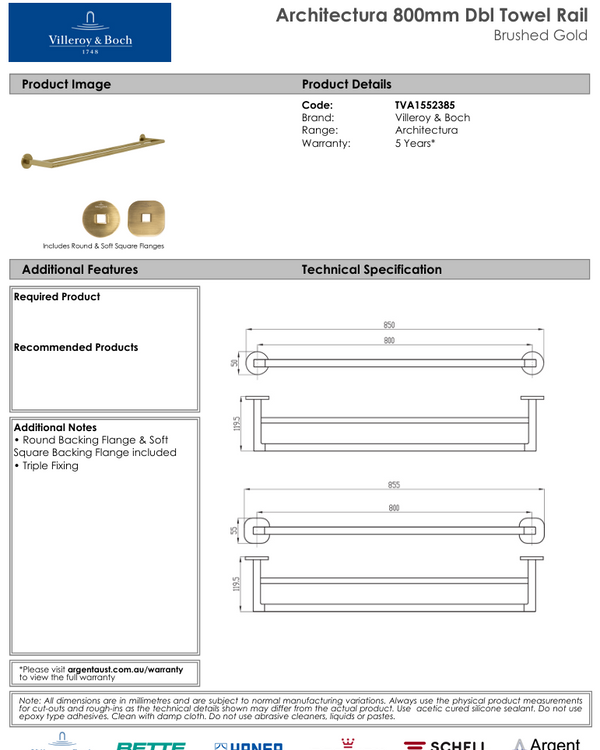 Architectura 800mm Dbl Towel Rail Brushed Gold