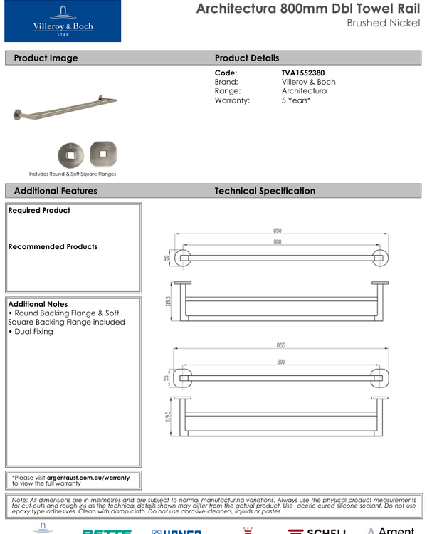 Architectura 800mm Double Towel Rail Brushed Nickel