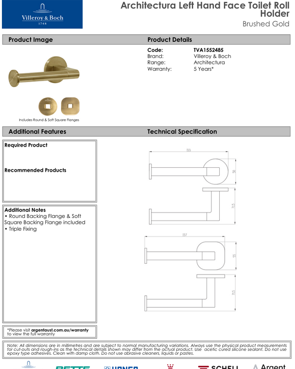 Architectura Left Hand Faced Toilet Roll Holder Brushed Gold