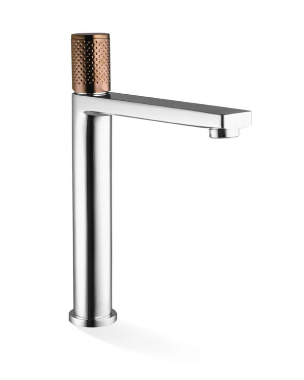 The GABE Hi-Rise Basin Mixer - Chrome with Rose Gold Handle