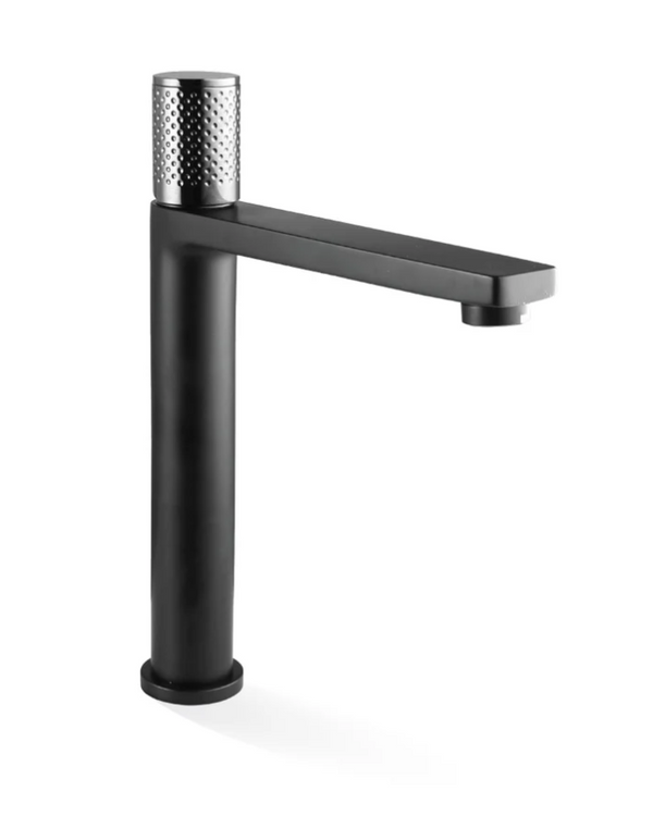 The GABE Hi-Rise Basin Mixer - Matte Black with Chrome handle