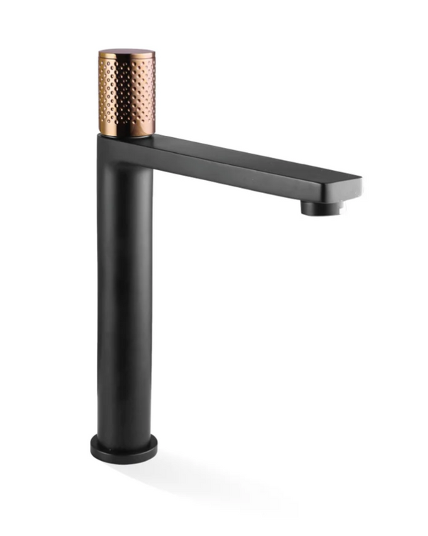 The GABE Hi-Rise Basin Mixer - Matte Black with Rose Gold handle