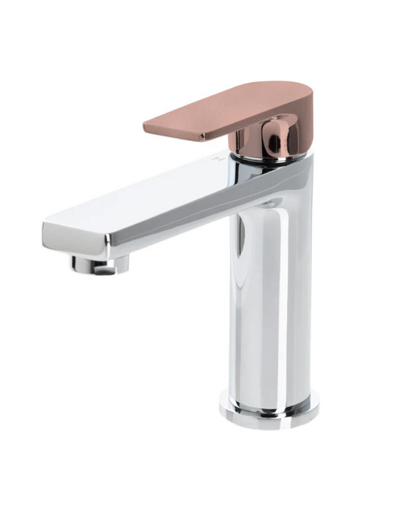The GABE Leva Basin Mixer - Chrome with Rose Gold Handle