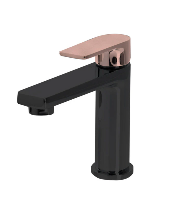 The GABE Leva Basin Mixer - Matte Black with Rose Gold handle