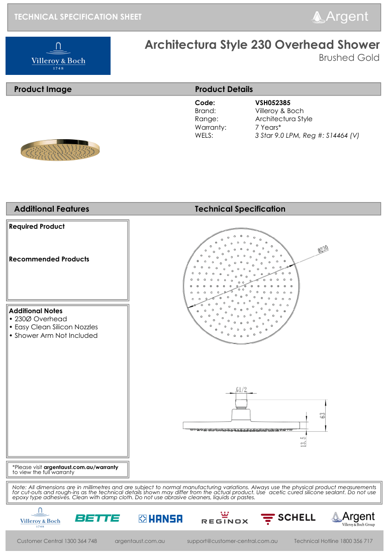 Architectura Style 230 Overhead Shower Brushed Gold