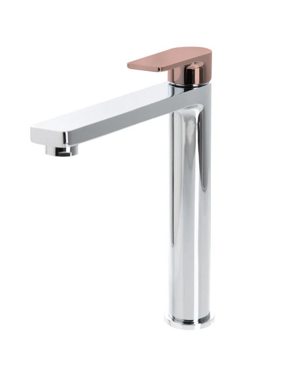 The GABE Leva High Rise Basin Mixer - Chrome with Rose Gold Handle