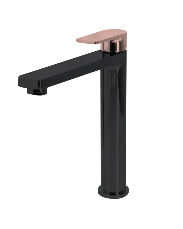 The GABE Leva High Rise Basin Mixer - Matte Black with Rose Gold handle