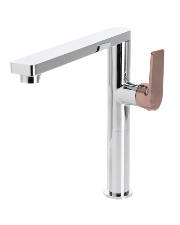 The GABE Leva Sink Mixer - Chrome with Rose Gold Handle