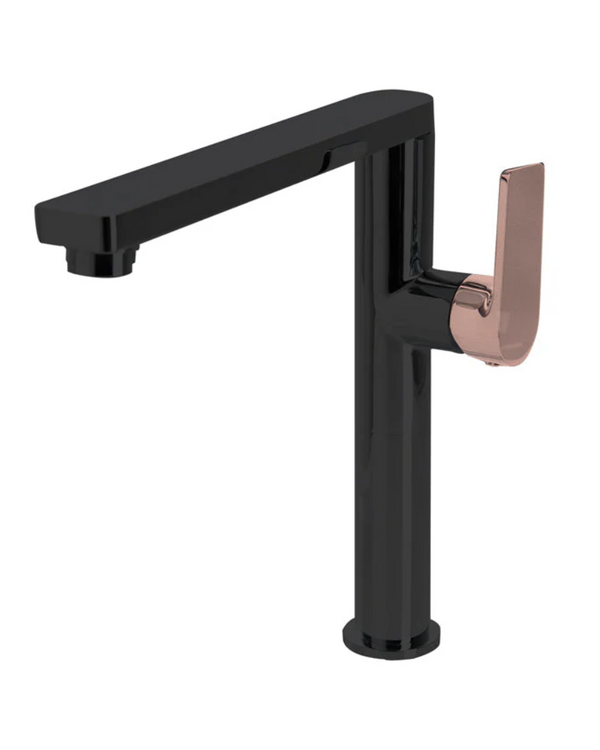 The GABE Leva Sink Mixer - Matte Black with Rose Gold handle