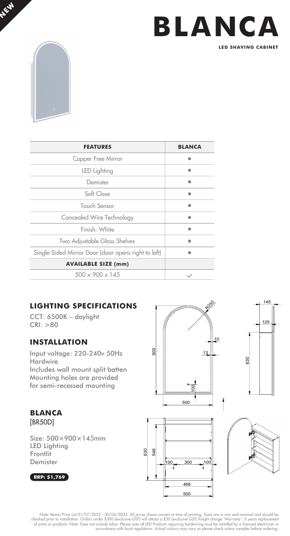 Blanca 500 with Matt Black Frame - W500 x H900 x D146