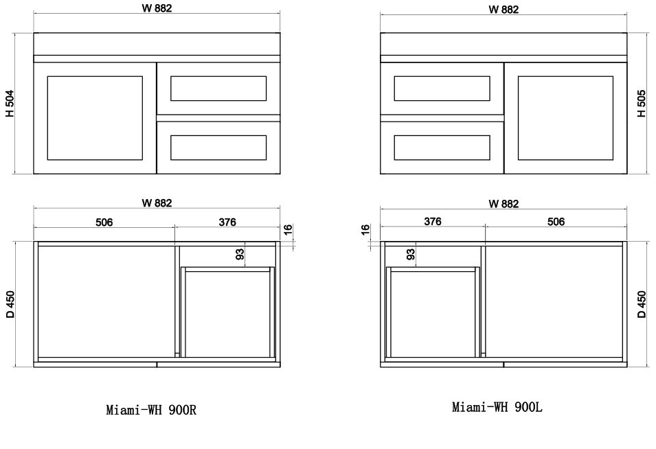Miami 900mm Wall Hung Vanity with Ceramic Top
