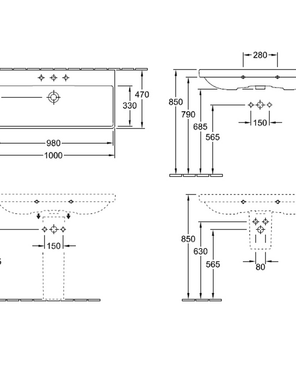 Avento 1000 Wall Basin 2 x 1 Tap Hole | No Overflow