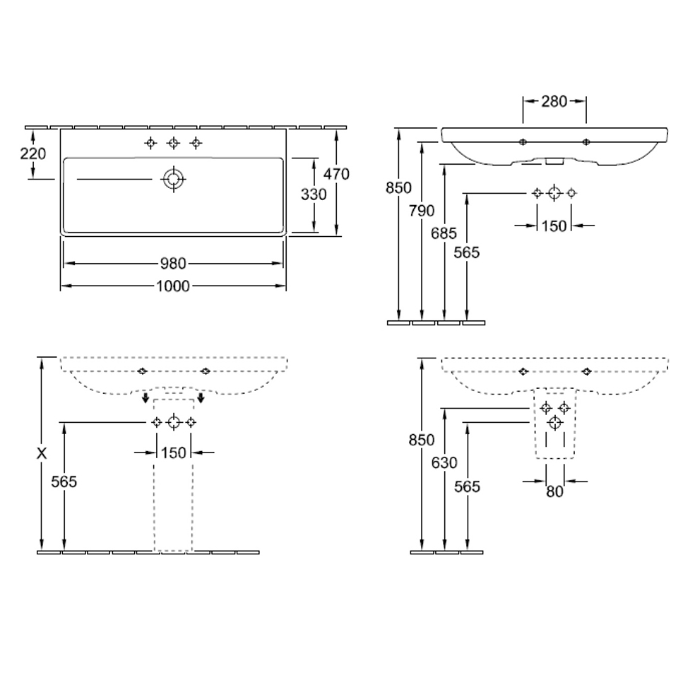 Avento 1000 Wall Basin 2 x 1 Tap Hole | No Overflow