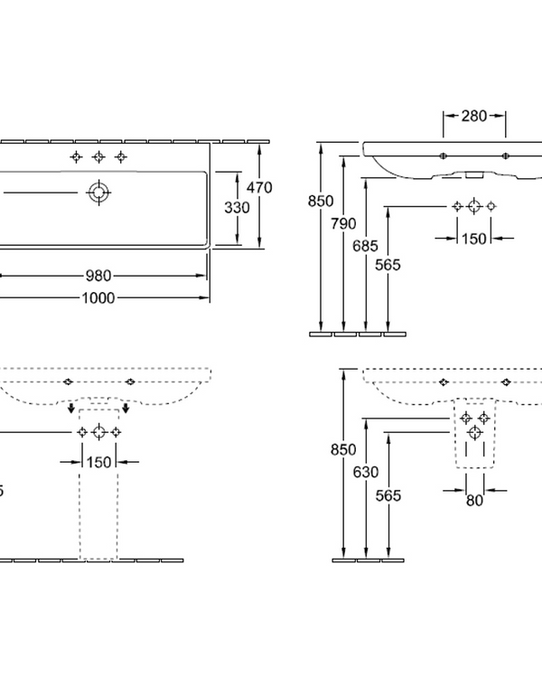 Avento 1000 Wall Basin 2 x 1 Tap Hole | No Overflow | Trap Cover