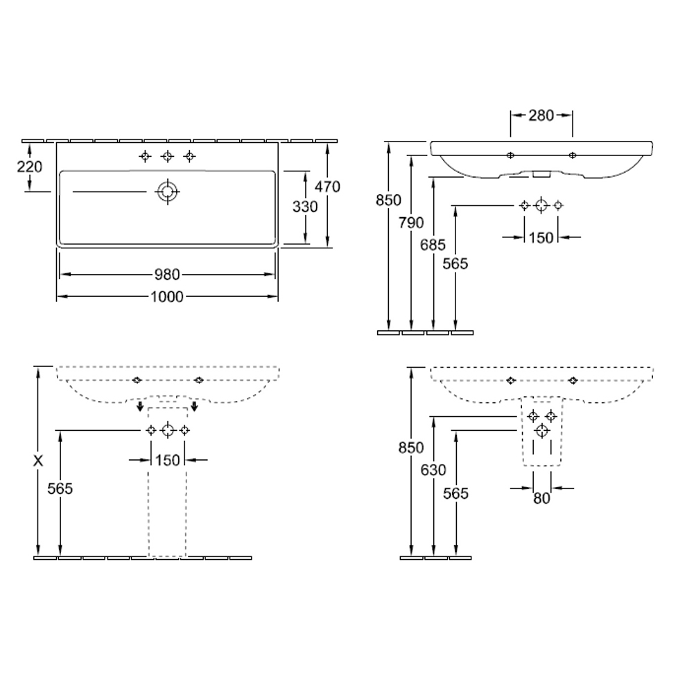 Avento 1000 Wall Basin 2 x 1 Tap Hole | No Overflow | Trap Cover