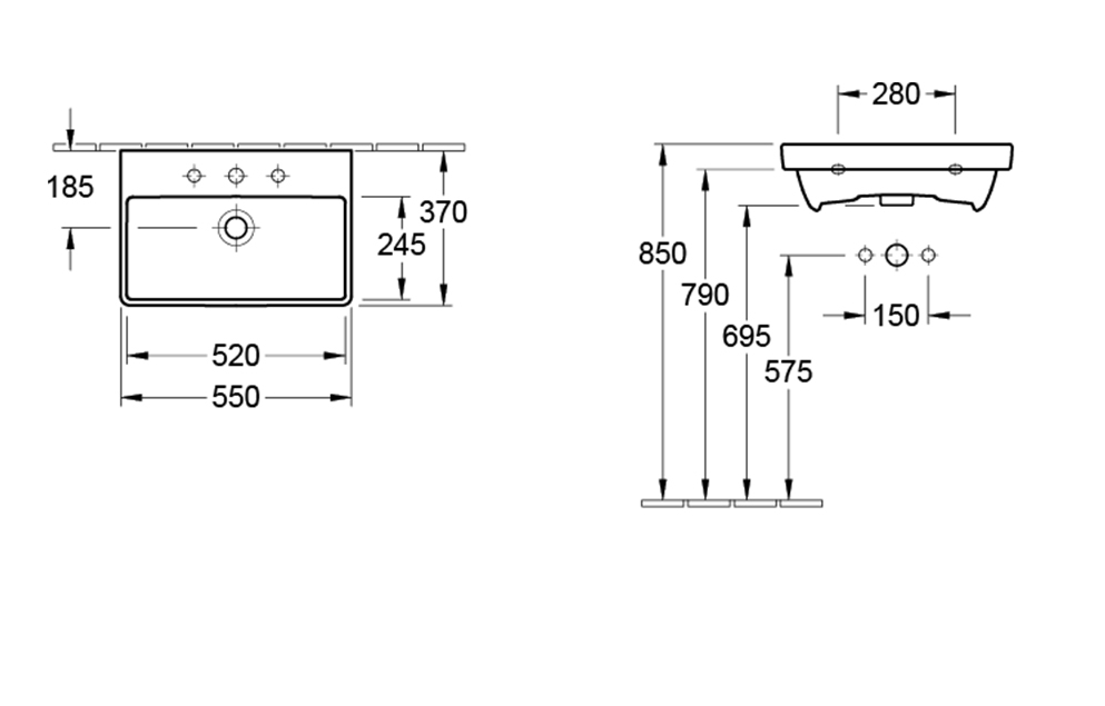Avento 550 Wall Basin 1 Tap Hole | Pedestal