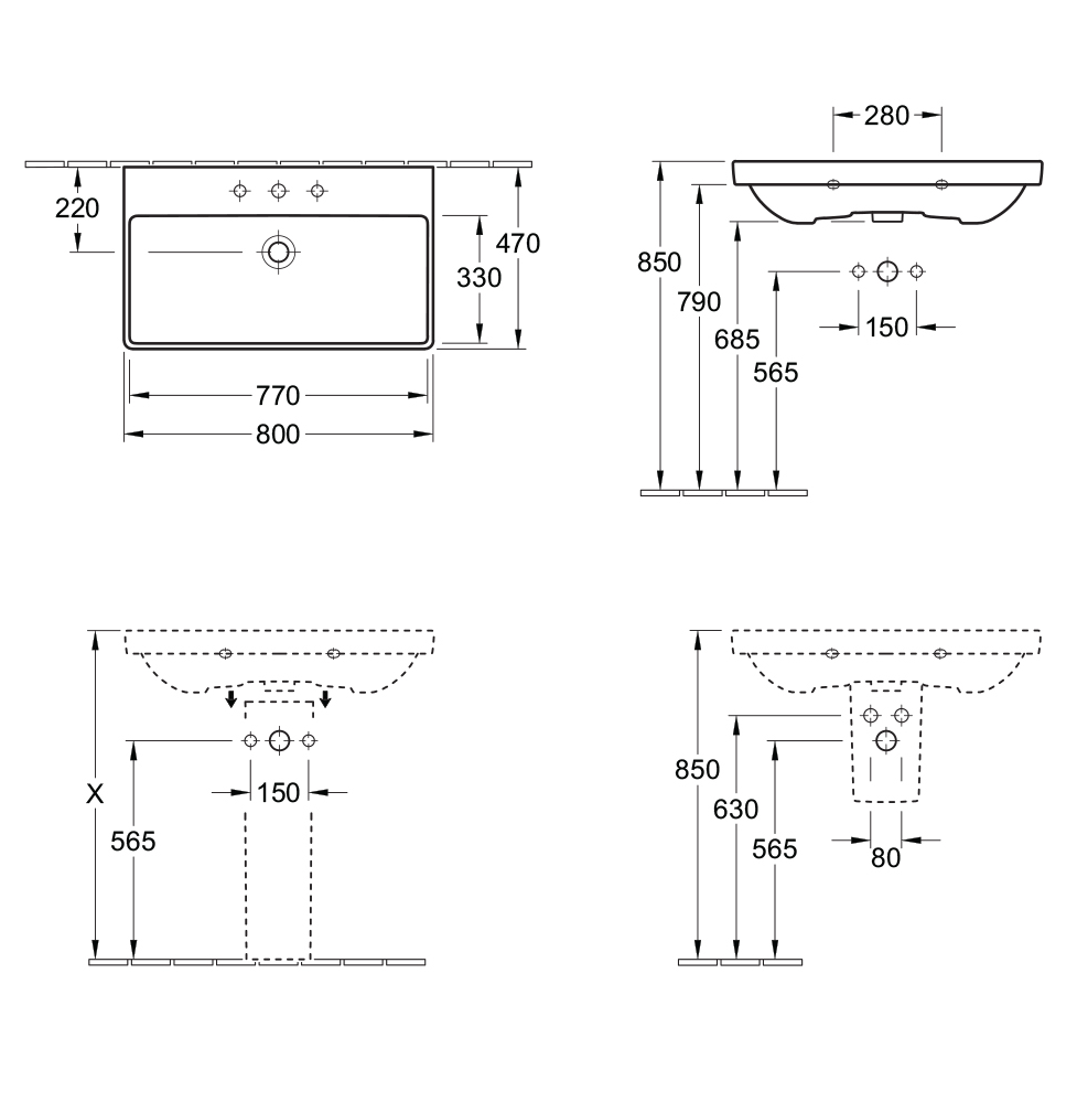 Avento 800 Wall Basin 1 Tap Hole